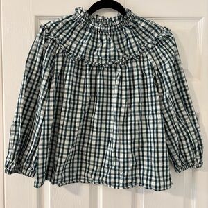 Universal Thread Women Green Gingham Check Ruffle Cottagecore Top 3/4 Sleeve XS